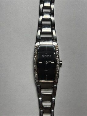 Skagen Steel Women's Silver-Tone Bracelet Watch with Black Dial Water Resistant